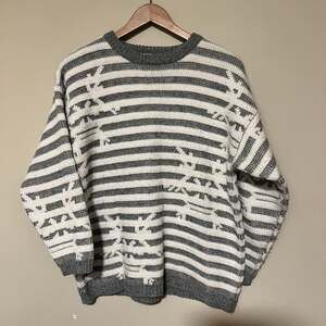 christopher A, grey striped sweater made in Taiwan.